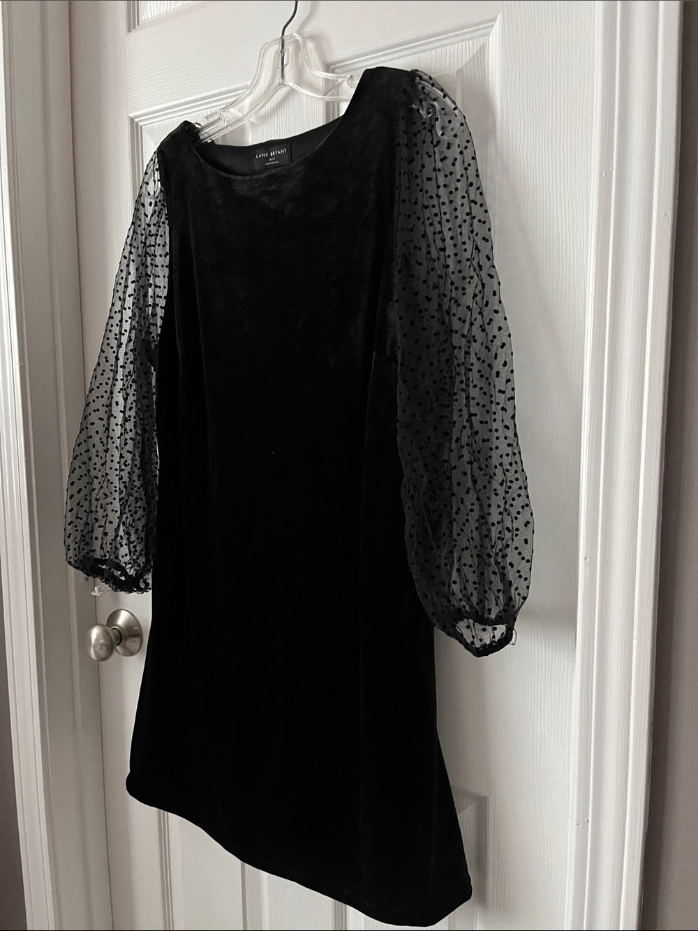 Lane Bryant Blk Velvet Dress w pockets sheer Polka Dot Balloon Sleeves sz 10/12